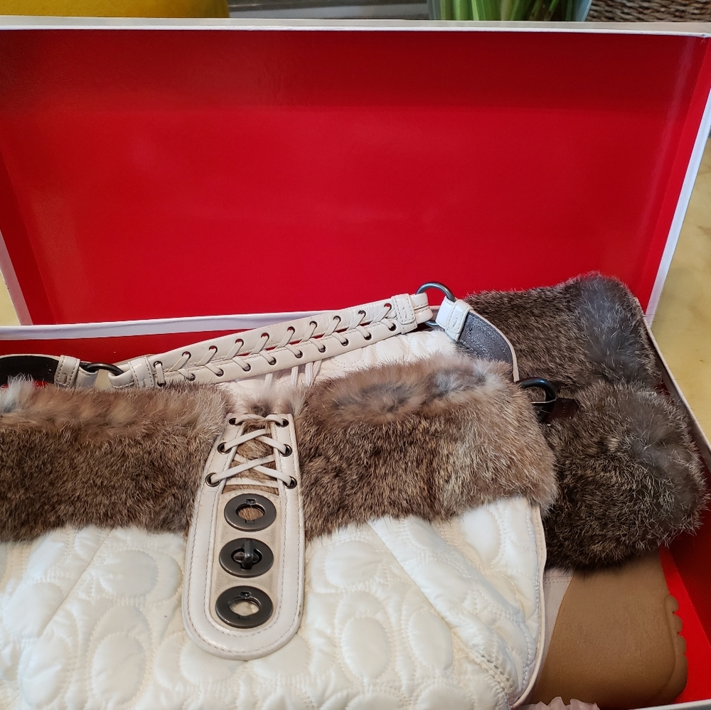 Coach fur trimmed knee boot, with Matching purse.
